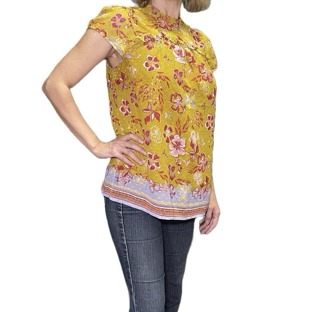 Joie M Golden Yellow Floral Print Ruffle Cap Sleeve Blouse Top Peasant Boho